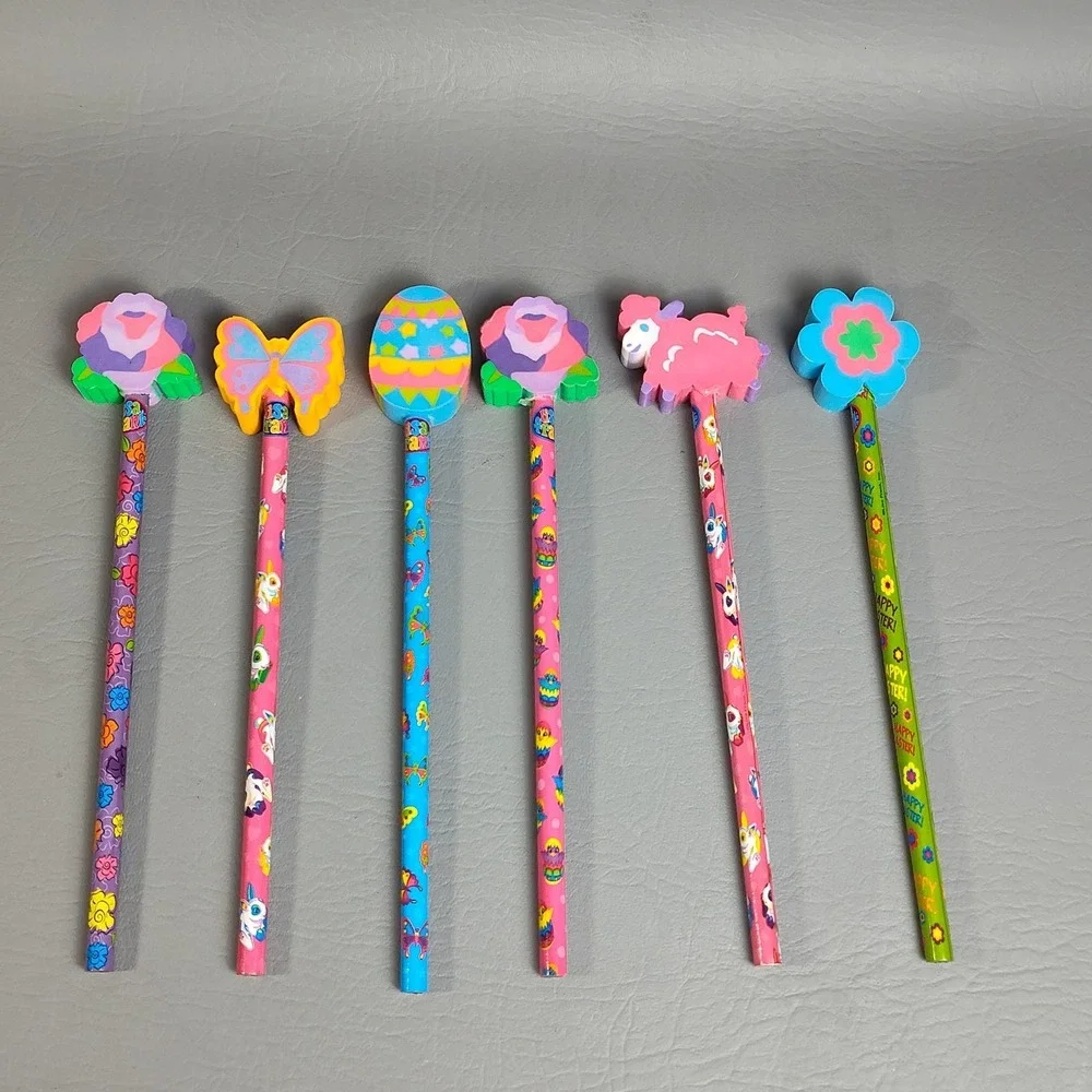 Vintage Lisa Frank Easter Pencils With Large Eraser Tops 6 Pieces Unsharpened